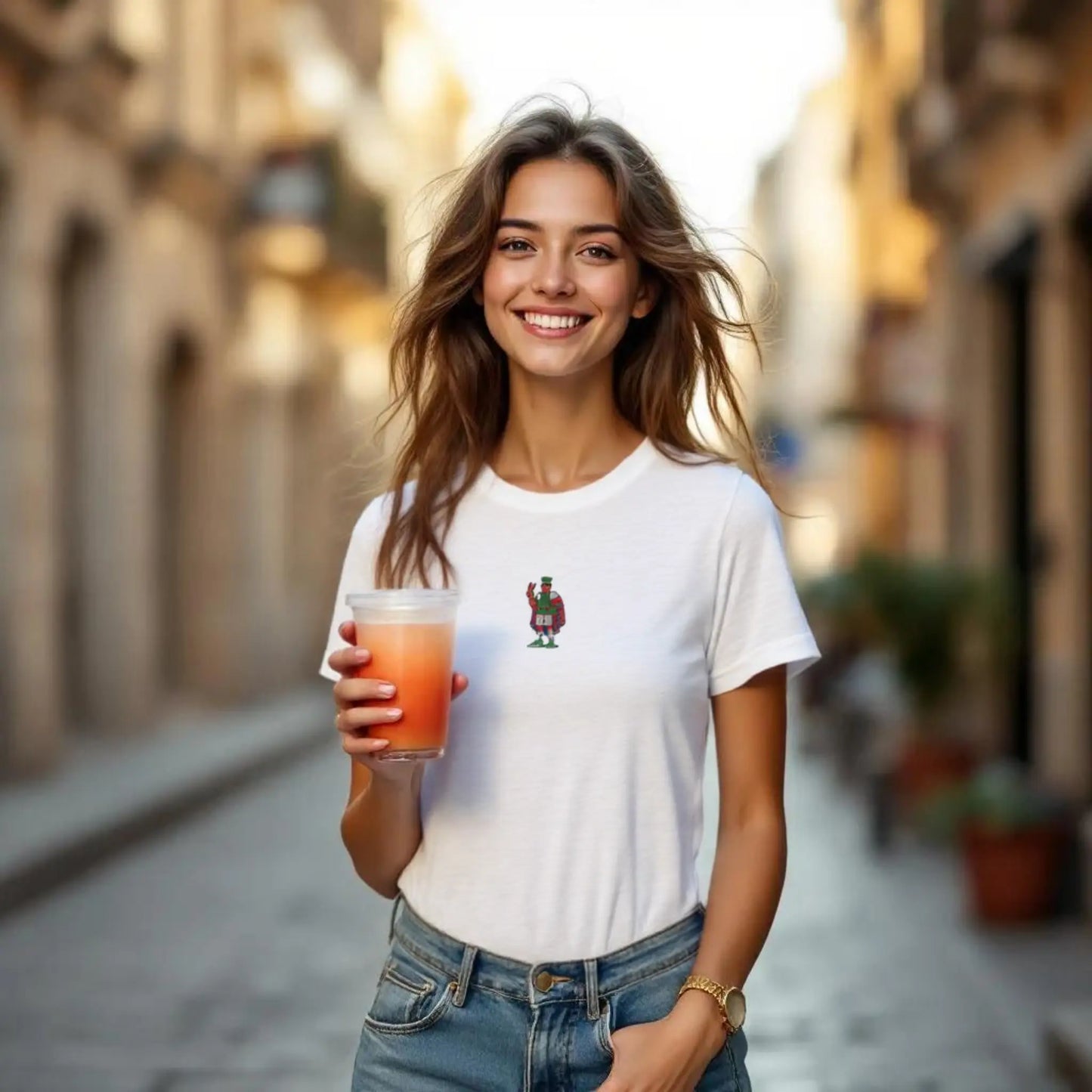 Modella che indossa la maglia con il Re di coppe ricamato e reinterpretato