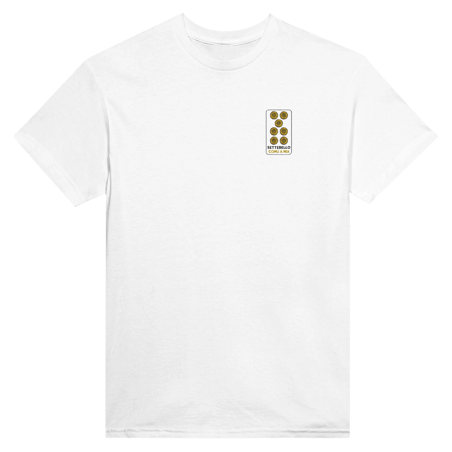 T-shirt ricamata con il settebello delle carte siciliane e la scritta “settebello comu a mia”