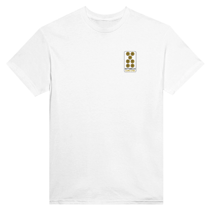 T-shirt ricamata con il settebello delle carte siciliane e la scritta “settebello comu a mia”