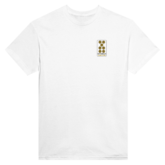 T-shirt ricamata con il settebello delle carte siciliane e la scritta “settebello comu a mia”