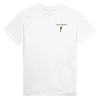 Maglietta bianca in cotone  con ricamo artistico ispirato alle carte siciliane.