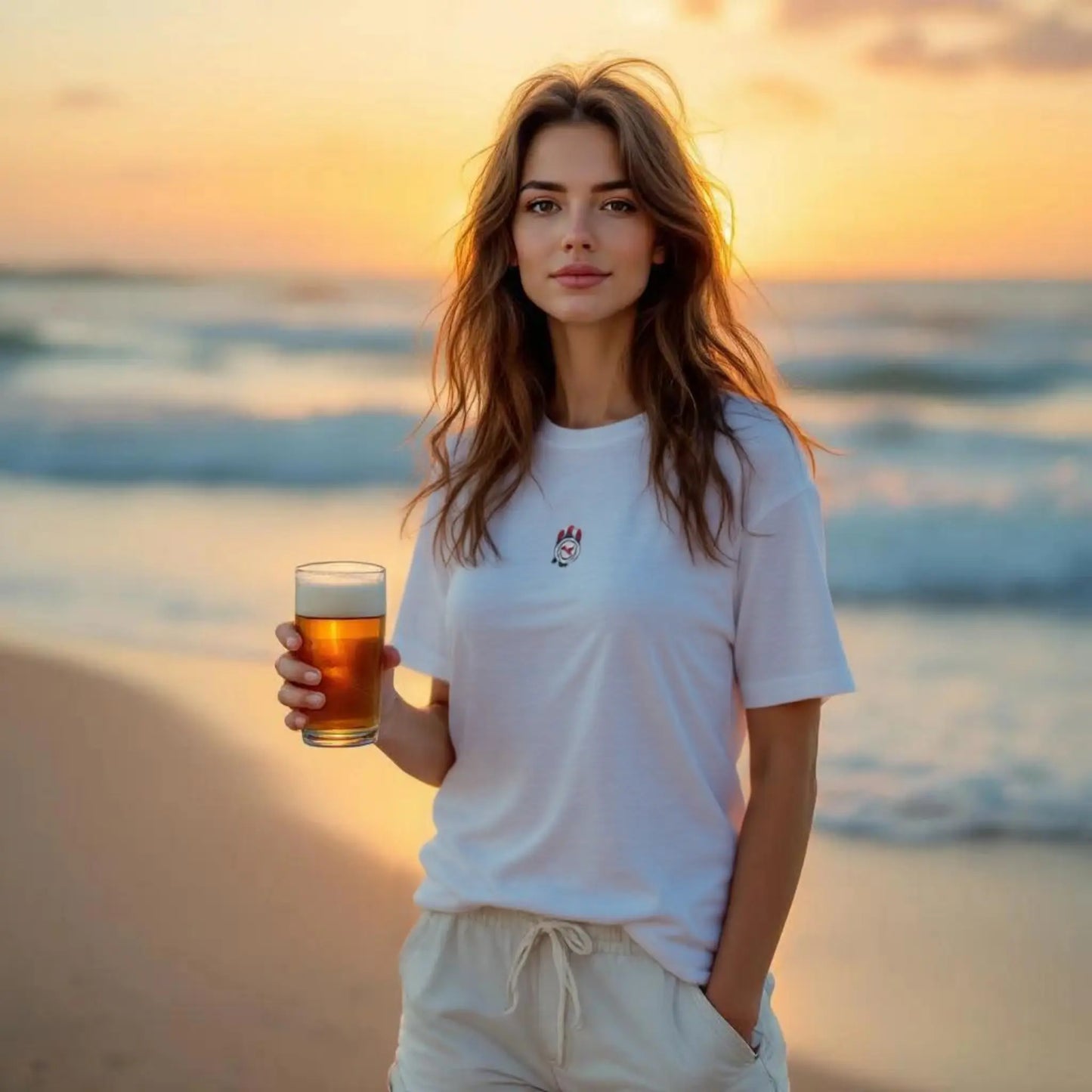 Modella siciliana che indossa una t-shirt ricamata, davanti al mare con paesaggio tipico del Sud Italia.