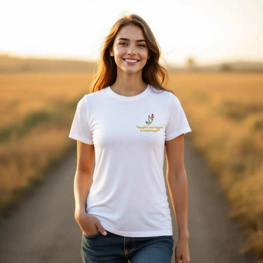 Ragazza che indossa una maglietta con l'asso di spade ricamato in una strada di campagna del Sud Italia