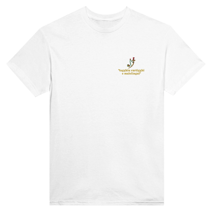 Maglietta in cotone bianca con ricamo del asso di spade delle carte siciliane