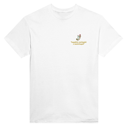 Maglietta in cotone bianca con ricamo del asso di spade delle carte siciliane