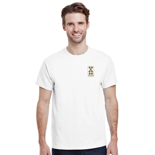 T-shirt in cotone con ricamo del Settebello e scritta “settebello comu a mia” in stile siciliano