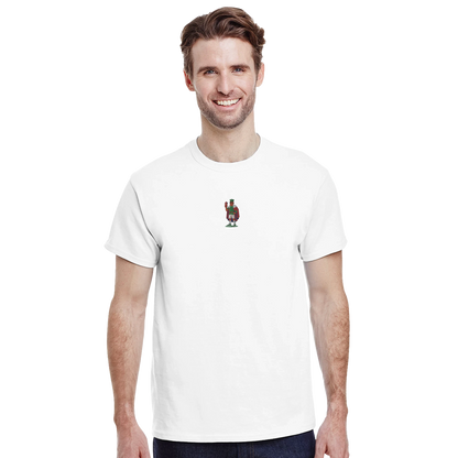 Ragazzo che indossa una maglietta bianca con il ricamo del Re di coppe